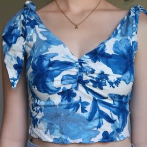 Blue and white shoulder tie top